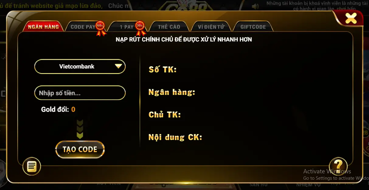 Nạp tiền Go88 - Lên vốn đơn giản và nhanh gọn